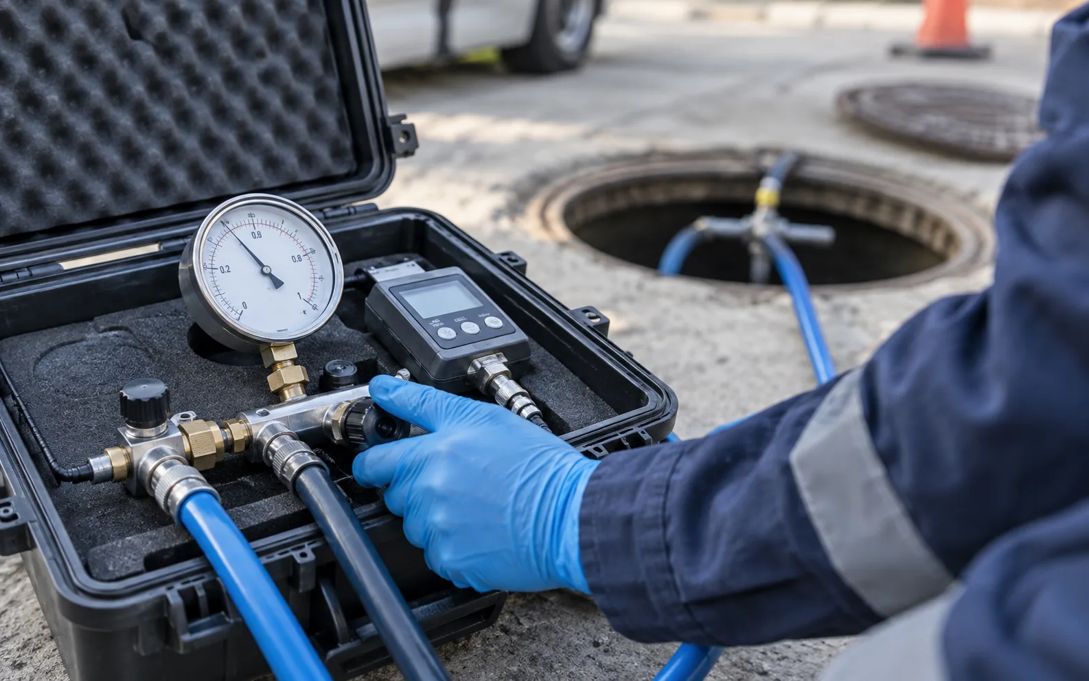 Techniker bedient Prüfkoffer mit Manometer und Druckmessgerät bei der Dichtheitsprüfung am geöffneten Schacht