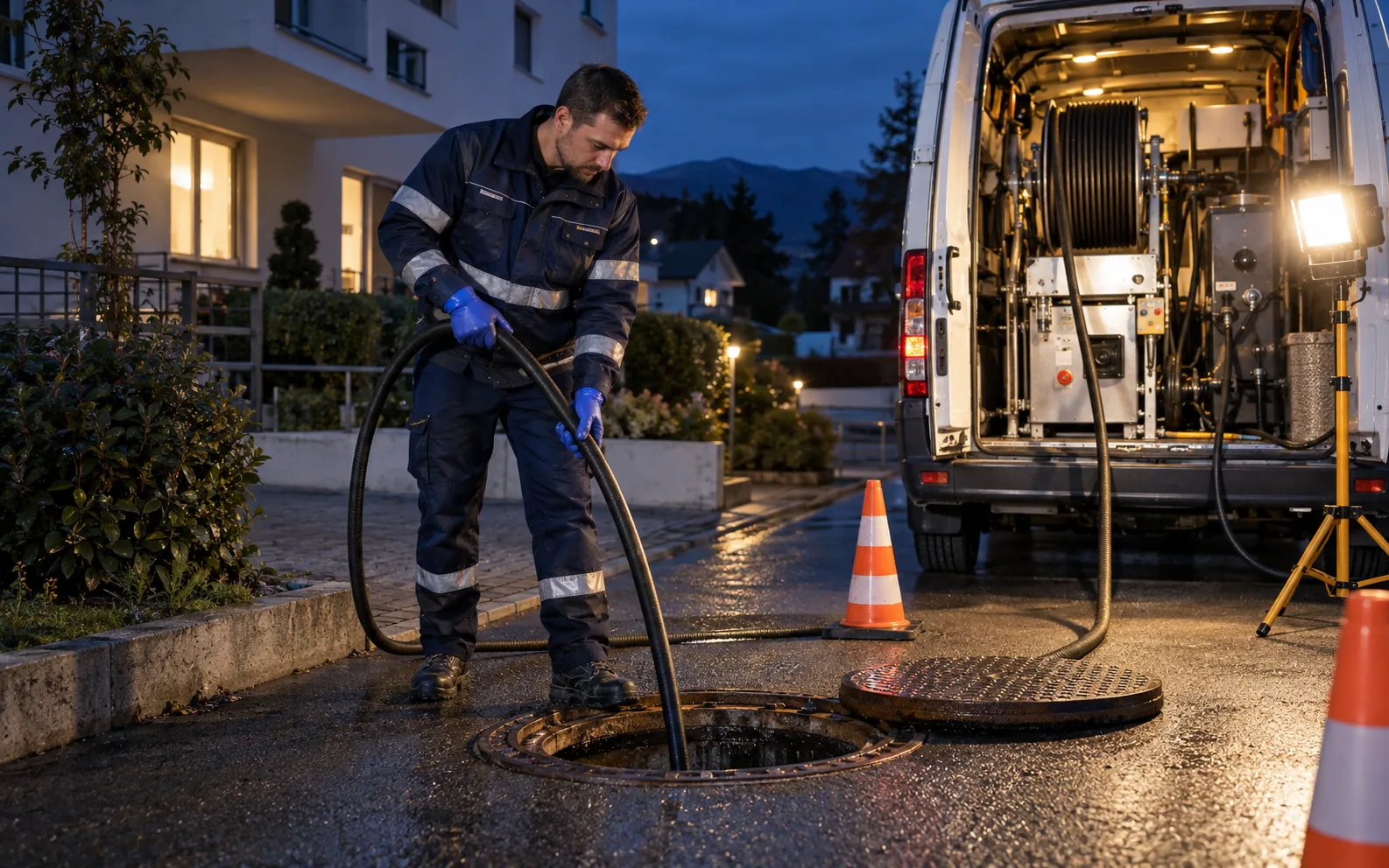 aqendo Techniker im nächtlichen Notdienst-Einsatz am geöffneten Kanalschacht, Spülfahrzeug im Hintergrund