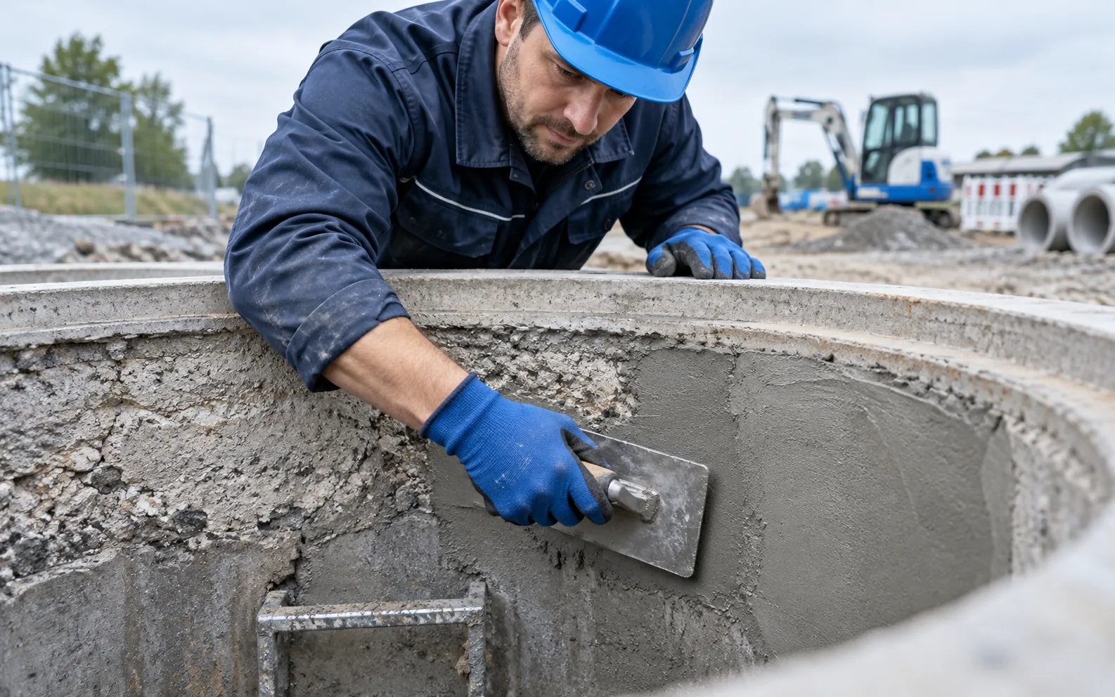 Techniker saniert die Innenwand eines Betonschachts mit Mörtel und Glättkelle